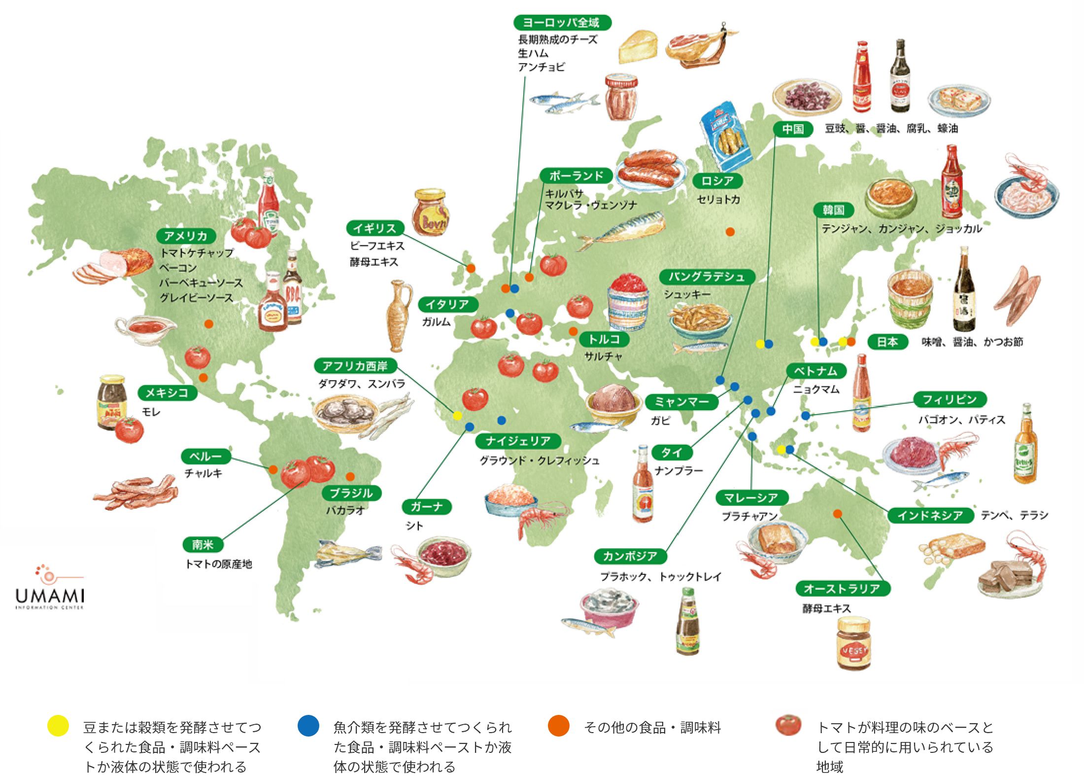 グルタミン酸を多量に含む発酵食品や食材の世界的な分布